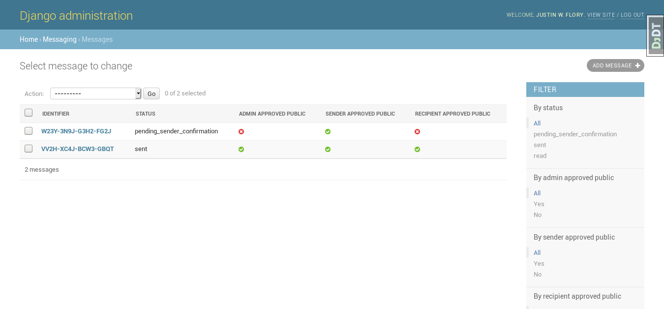 Screenshot of admin Messages view with multiple pieces of information shown